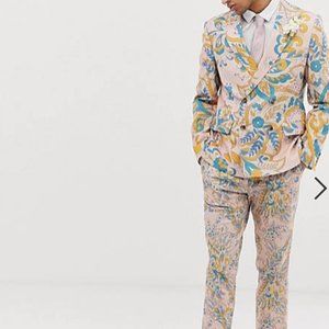 ASOS DESIGN Wedding Multicolored Pastel Pink Paisley Suit (Pants + Blazer/Suit)
